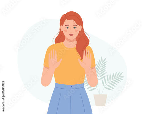 A clean flat vector illustration of a woman showing a stop gesture with her hands.