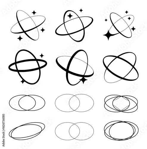 Abstract orbital shapes with starburst accents lines curves