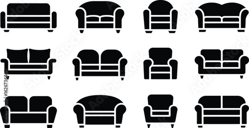 Collection of various black sofa and armchair silhouettes on white background