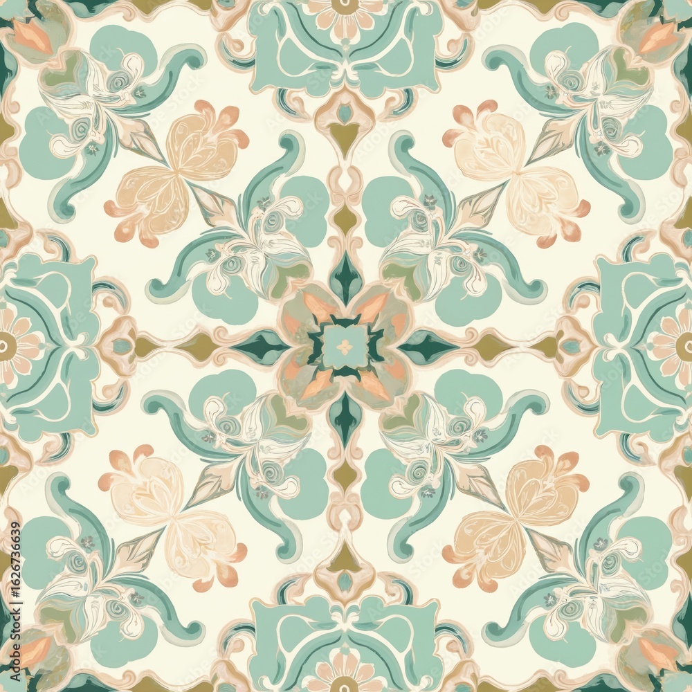 Fototapeta premium Traditional Mughal style seamless pattern with floral motifs in pastel green, peach, beige. Intricate swirling details, ornamental elements create vintage aesthetic suitable for textiles, wallpapers,