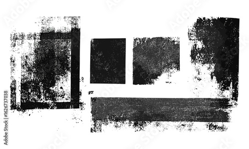 Geometric lino ink compositions with textured black and white relief printing stains. Transparent textured rectangles combined with vintage paint roller overlays, artistic borders