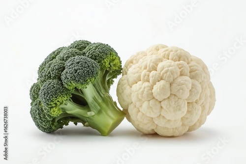 Fresh raw broccoli and cauliflower florets side by side.