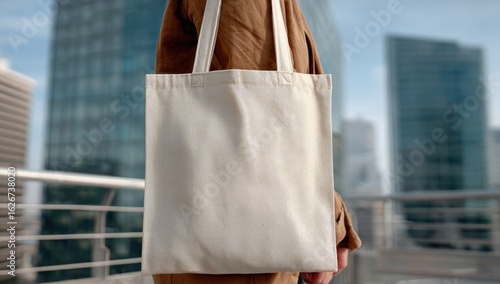 Fototapeta Naklejka Na Ścianę i Meble -  Person carrying blank tote bag, city backdrop