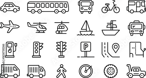 A versatile collection of minimalist transportation icons featuring various modes of travel in a clean black design for diverse applications