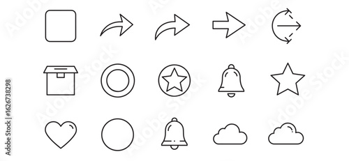 Collection of minimalist interface icons depicting arrows boxes bells and social elements