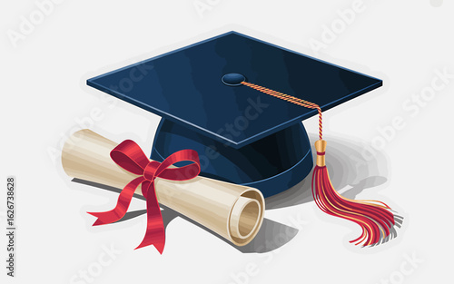Graduation Cap and Diploma Illustration Celebrating Academic Achievement and Educational Success Featuring a Decorative Red Ribbon and Tassel