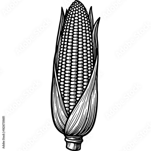 Detailed Vintage Engraving Style Corn Cob Illustration. Black and White Maize Plant Drawing, Agricultural Vegetable Produce.