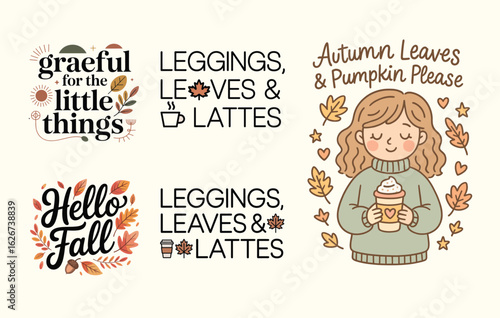Charming autumn themed illustrations featuring cozy sayings and a girl with a latte