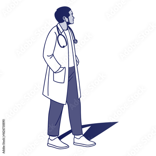 Doctor wearing a white coat and stethoscope looking to the side with hands in pockets