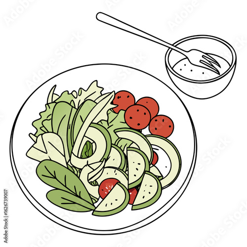 Fresh salad with tomatoes and avocado served with dressing and fork