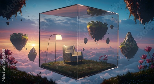 A cozy armchair in a glass cube offers a safe comfort zone from a vibrant, inaccessible fantasy world, a metaphor for isolation, safety, and mindful choice.