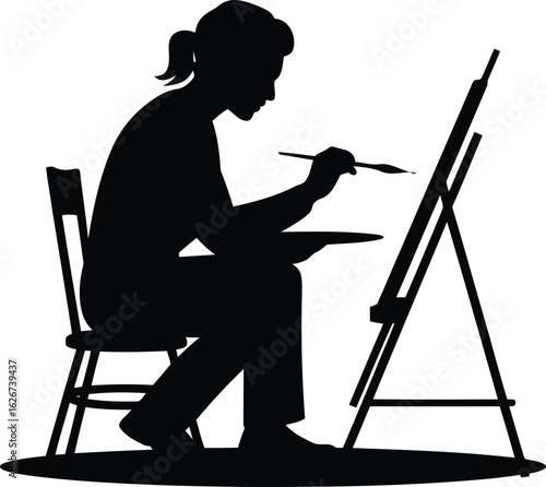 Artist painting on easel with brush and palette vector