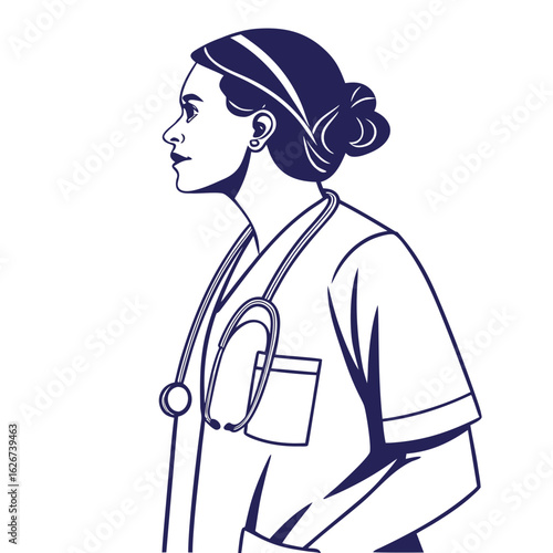 Profile of a female doctor wearing a stethoscope and scrubs