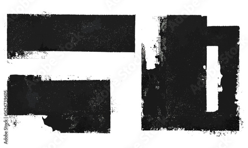 Geometric lino ink compositions with textured black and white relief printing stains. Transparent textured rectangles combined with vintage paint roller overlays, artistic borders