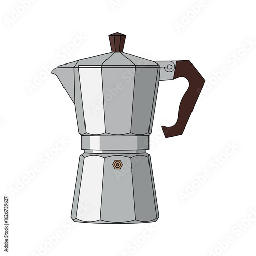 Silver stovetop espresso maker with brown handle and knob on white coffee pot stovetop coffee maker