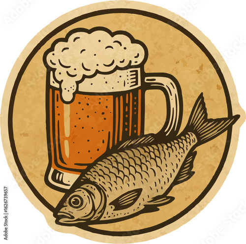 A vintage circular illustration featuring a frothy beer mug and a fish, set against a textured, aged background.