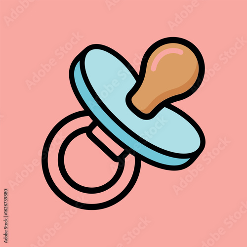 Simple cartoon baby pacifier with blue nipple shield and brown teat on pink background soother dummy