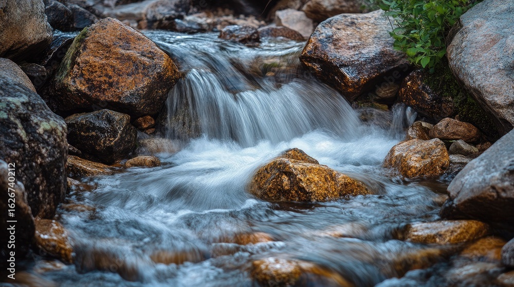Fototapeta premium Scenic creek flowing downhill with splashing water over textured rocks, capturing movement in a natural setting