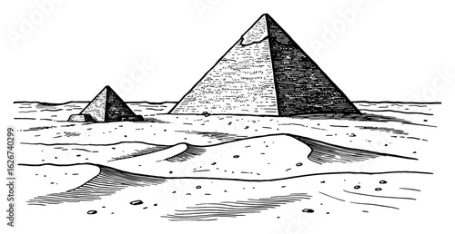 Iconic Pyramids in Vast Desert Landscape Ancient Egypt Black and White Outline Line Art Drawing