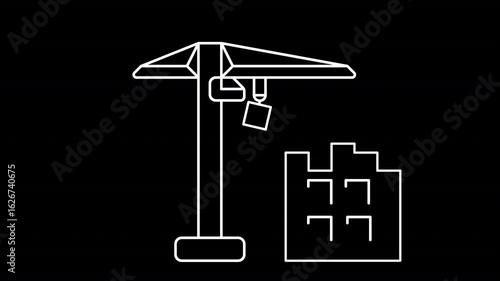 Building Construction Animation – Tower Crane Operating, Real Estate Development, Home Loan Concept. White Line Icon Animation. Transparent Background. Alpha Channel 