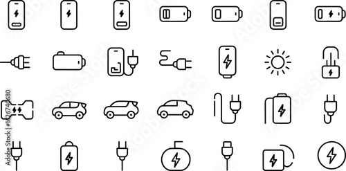 A sleek collection of minimalist black charging icons for digital and print applications