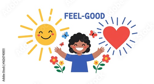 Happy Girl Embracing a Feel-good Scene with Sun, Heart and Flowers