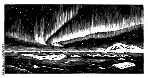 Antarctica Landscape with Aurora Borealis over Icebergs Mountains Night Sky Stars Black and White Outline Line Art Drawing