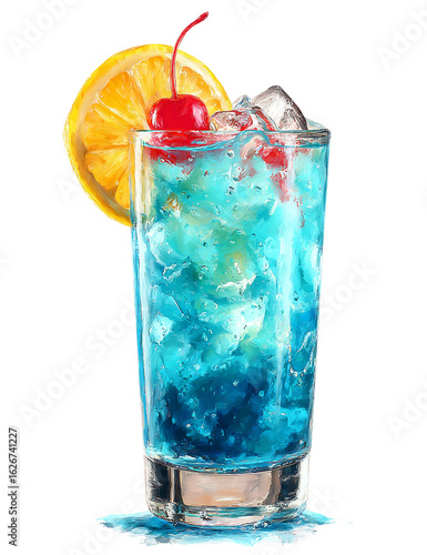 Watercolor blue cocktail with lemon and cherry isolated on transparent background