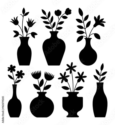 Black floral vases silhouette collection flower white