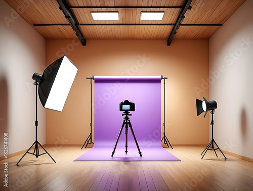 Empty photography and video production studio featuring a camera on a tripod, a purple backdrop, and a professional lighting kit. Modern space for creative projects and photoshoots.
