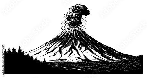 Powerful Erupting Volcano Landscape Simple Style Black and White Outline Line Art Drawing Natural Disaster Scene
