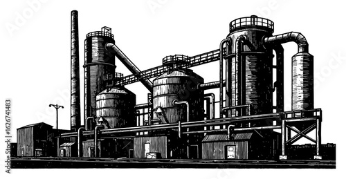 Industrial Buildings Scenery Complex Factory Plant Black and White Outline Line Art Drawing Vintage Style Engraving