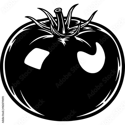 Vector illustration of a fresh, ripe tomato. Botanical plant produce in black and white, ideal for healthy eating and garden themes.
