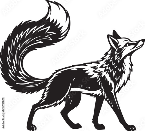 A stylized fox illustrated in a circular form, showcasing its characteristic features like ears and tail in a unique design