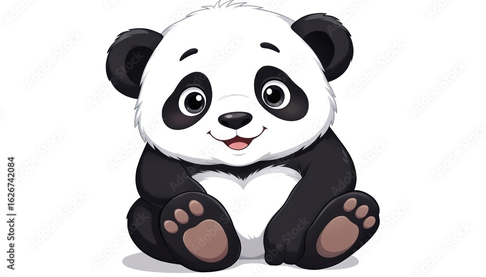 Obraz premium Cute cartoon panda illustration, sitting pose. Features black, white fur, round ears, big eyes, friendly smile. Suitable for children books, decor, or any design needing adorable animal character.