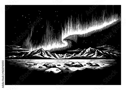 Antarctica Aurora Landscape with Mountains and Night Sky Engraved Black and White Outline Line Art Drawing