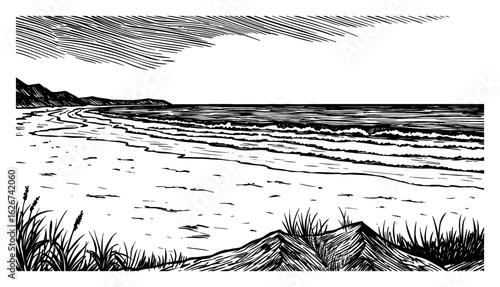 Empty Beach with Waves and Distant Mountains Beautiful Scenery Simple Style Black and White Outline Line Art Drawing