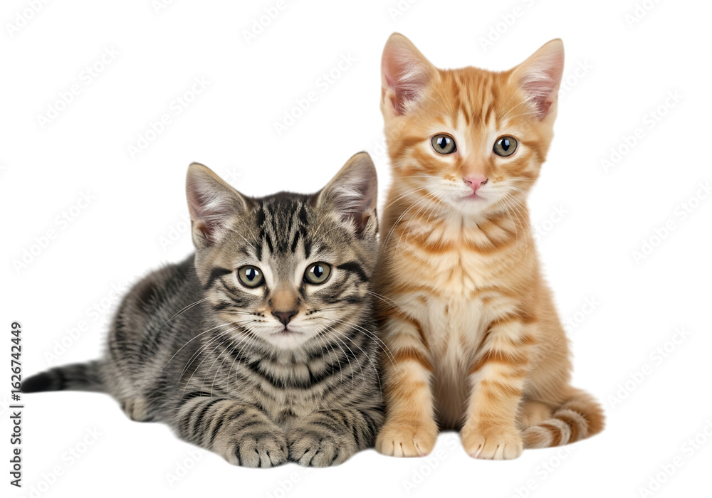 Fototapeta premium Illustration of two kittens, one orange and one tabby, sitting together isolated on transparent background