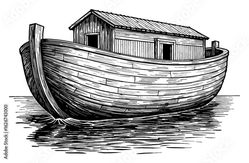 Empty Noahs Ark Floating on Water Isolated Vintage Style Black and White Outline Line Art Drawing