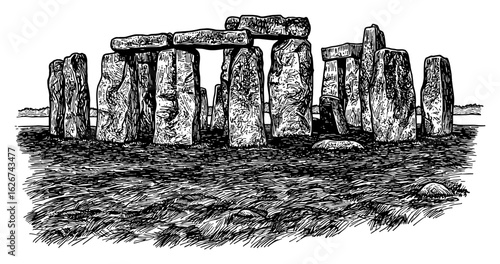 Iconic Stonehenge Ancient Megalithic Historical Monument Black and White Outline Line Art Drawing