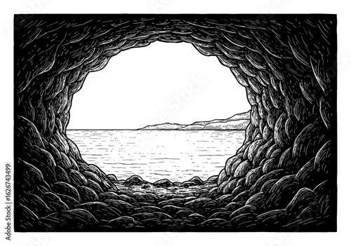 Panoramic View from Inside a Dark Cave Entrance Looking Out to the Sea and Distant Land Black and White Outline Line Art Drawing