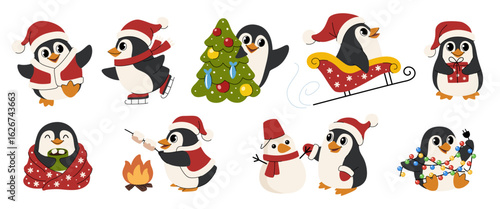 Cute cartoon penguin children set. Cute Christmas penguins in festive outfits with a Christmas tree, gifts, lights, sled, marshmallows and a snowman. Funny animals are doing festive things.