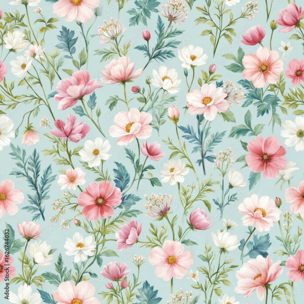 Delicate pastel floral pattern featuring pink, white cosmos flowers with green leaves on soft blue background. Seamless botanical illustration suitable for textiles, wallpaper, stationery design. Delicate pastel floral pattern featuring pink, white cosmos flowers with green leaves on soft blue background. Seamless botanical illustration suitable for textiles, wallpaper, stationery design.