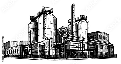 Industrial Complex Building Scenery with Tall Chimney and Tanks Hand Drawn Black and White Outline Line Art Drawing