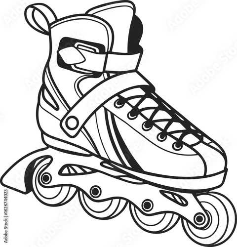 Black and white illustration of an inline roller skate with laces and wheels inline skate