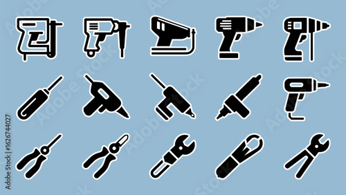 Black tool icons on blue background vector silhouette