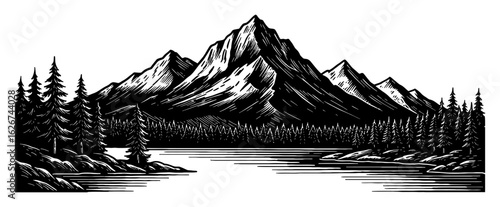 Mountain Landscape with Lake and Forest in Foreground Simple Bright Black and White Outline Line Art Drawing