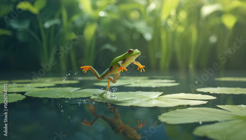 Green frog leaps across lily pads in vibrant pond water. Amphibian with orange feet creates splash. Lush green foliage forms soft background. Nature and wildlife scene.