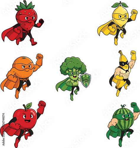 Assortment of superhero fruits and vegetables with capes and masks strawberry lemon