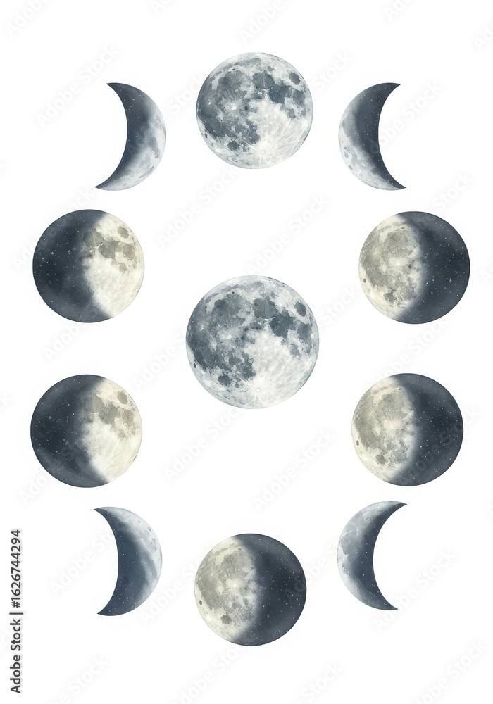 Obraz premium Moon Phases Cycle Celestial Art - A beautiful illustration showing the complete cycle of moon phases, perfect for astrology enthusiasts or anyone who appreciates celestial art